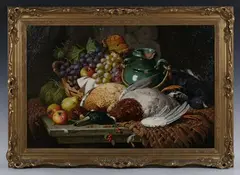 Charles Thomas Bale, Still Life with Fruit, Basket, Pot and Dead Game on a Table, oil on canvas