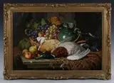Charles Thomas Bale, Still Life with Fruit, Basket, Pot and Dead Game on a Table, oil on canvas