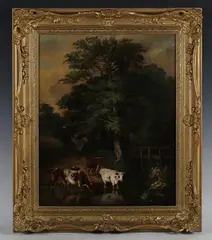 Landscape with Cattle watering at a River, Figure on a Path beyond by H.H. Brook, 1856, oil on canvas, sold Sep 2022