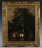 H.H. Brook, Landscape with Cattle watering at a River, Figure on a Path beyond, 1856, oil on canvas