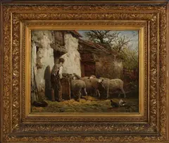 Franck Brissot, Rustic Scene with Farmer, Sheep and Chickens, oil on board