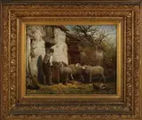Franck Brissot, Rustic Scene with Farmer, Sheep and Chickens, oil on board