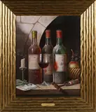 Raymond Campbell, Still Life with Wine Bottles, Corkscrew, Fruit, Candle, Letter and Matches on a Ledge