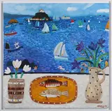 Summer Swimmers, Marazion by Alan Furneaux, 21st century oil on board, sold Sep 2022