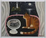 Waiting for Dinner (Nocturne Still Life with Cat and Fish at an Open Window) by Alan Furneaux, 21st century oil on canvas, sold Sep 2022