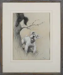 Cecil Aldin, It's a Lucky thing that Dogs Can't Climb' (Fox Terrier chasing a Cat) and 'I know you'll get me into Trouble' (Fox Terrier and Spaniel), a pair of pencil