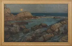 Harry van der Weyden, Moonlit Mediterranean Coastal Landscape, oil on canvas-board