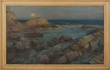 Harry van der Weyden, Moonlit Mediterranean Coastal Landscape, oil on canvas-board