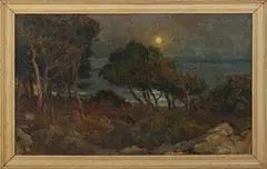 Harry van der Weyden, Moonlit Mediterranean Coastal Landscape with Trees, oil on canvas-board
