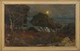Harry van der Weyden, Moonlit Mediterranean Coastal Landscape with Trees, oil on canvas-board