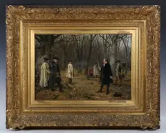 Josef Munsch, Ehrenhandel (Figures with Pistols preparing for a Duel in a Forest Clearing), 1888, oil on panel