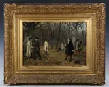 Josef Munsch, Ehrenhandel (Figures with Pistols preparing for a Duel in a Forest Clearing), 1888, oil on panel