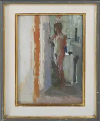 Bernard Dunstan, Nude in Bathroom, oil on board