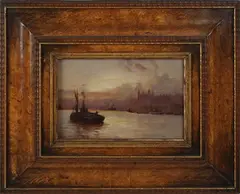 George Hyde Pownall, The Pool of London with the Tower of London and Tug Boats, oil on board