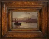 George Hyde Pownall, The Pool of London with the Tower of London and Tug Boats, oil on board