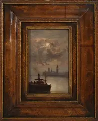 George Hyde Pownall, The Palace at Westminster from the South Bank, oil on board