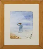 Mary Fedden, Figure on a Beach waving to Sailing Vessels