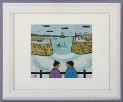 Joan Gillchrest, Two Figures on Mousehole Quayside, St Michael's Mount beyond, late 20th/early 21st century oil on board signed with initials
