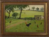 Ernest Forbes, Rustic Landscape with Chickens, oil on canvas-board