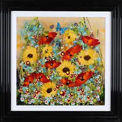 Rozanne Bell, Butterfly above Poppies and Yellow Daisies, mixed media including acrylic