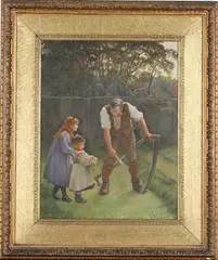 Windfalls' (Figure sharpening a Scythe beside Two Children offering Apples in a Pinafore) by Thomas Reynolds Lamont, watercolour, sold May 2022