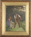 Thomas Reynolds Lamont, Windfalls' (Figure sharpening a Scythe beside Two Children offering Apples in a Pinafore), watercolour