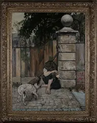 Child and Dog seated at a Garden Gate by Joseph Finnemore, 1887, oil on canvas, sold May 2022
