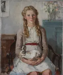 Francis Edwin Hodge, Portrait of a Girl holding a Pet Rabbit on her Lap, oil on canvas