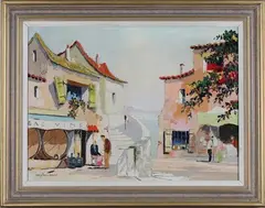 Cecil R. D'Oyly-John, French Street Scene with Figures conversing outside Shops, oil on canvas