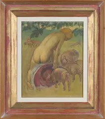 Edward Kenneth Center, Study for the Prodigal Son with a Nude Woman feeding Pigs in a Landscape, mixed media on canvas-board