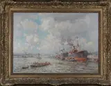 Evert Moll, Rotterdam Harbour Scene, Netherlands, oil on canvas