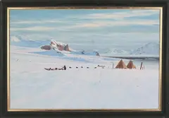 John P. Smith, Antarctic Landscape with Tents, Sledges and Huskies, oil on canvas
