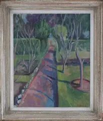 Guy Lindsay Roddon, Garden with Tree-lined Path, oil on canvas-board