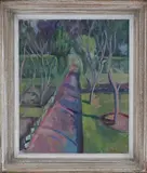 Guy Lindsay Roddon, Garden with Tree-lined Path, oil on canvas-board