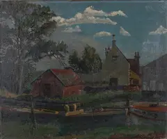 Richard Murry, Canal Scene with Barges and Buildings, oil on canvas