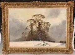 John Trickett, Shooting Pheasants in a Winter Landscape, oil on canvas