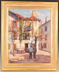 Louis Floutier, Two Figures in a Sun-dappled Village Street, oil on canvas
