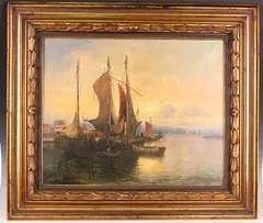 Julius Rollmann, Fishing Boats in a Harbour at Dusk, possibly Villach, Austria, oil on canvas