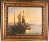 Julius Rollmann, Fishing Boats in a Harbour at Dusk, possibly Villach, Austria, oil on canvas