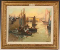 Mathurin Janssaud, Fishing Boats and Figures on Concarneau Quay at Sunset, pastel with coloured chalks