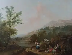 Francesco Zuccarelli, An Extensive Italianate River Landscape with Washerwomen on a Path, oil on canvas