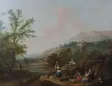 Francesco Zuccarelli, An Extensive Italianate River Landscape with Washerwomen on a Path, oil on canvas