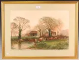 Henry Charles Fox, Watering Cattle with Barns beyond