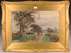 Henry Charles Fox, Sussex Landscape with Herdsman and Cattle on a Country Lane, 1925, watercolour with gouache