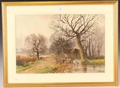 Henry Charles Fox, Landscape with Horse and Cart beside a Pond, Ducks crossing a Lane beyond, 1916, watercolour with gouache
