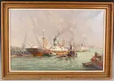 Hendrik Fleurbaaij, Rotterdam Harbour Scene, Netherlands, oil on canvas