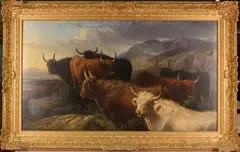 Aster Richard Chilton Corbould, Highland Cattle in a Landscape with Loch and Hills beyond, oil on canvas