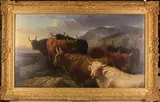 Aster Richard Chilton Corbould, Highland Cattle in a Landscape with Loch and Hills beyond, oil on canvas