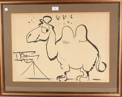 Tony Hart, Camel near a Pyramid, pen and ink cartoon