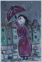 Lady with an Umbrella in the Rain by Dora Holzhandler, 2009, oil on board, sold Dec 2021
